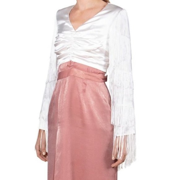 CIAO SEA White Satin Tassel Long sleeve Crop Top - Picture 4 of 7